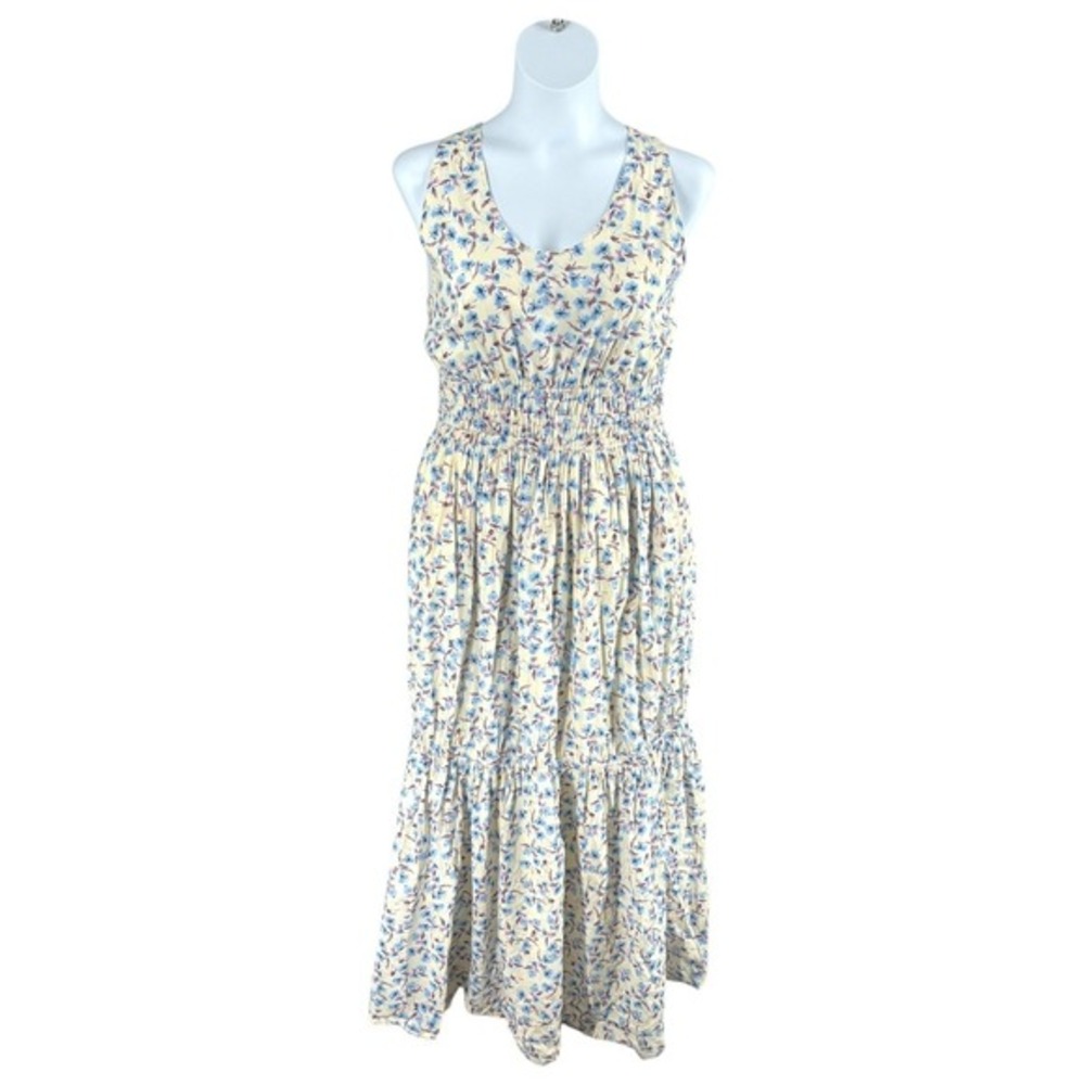 Something Navy‎ Floral Tiered Maxi Dress XL Cotton Smocked Empire Waist V Neck